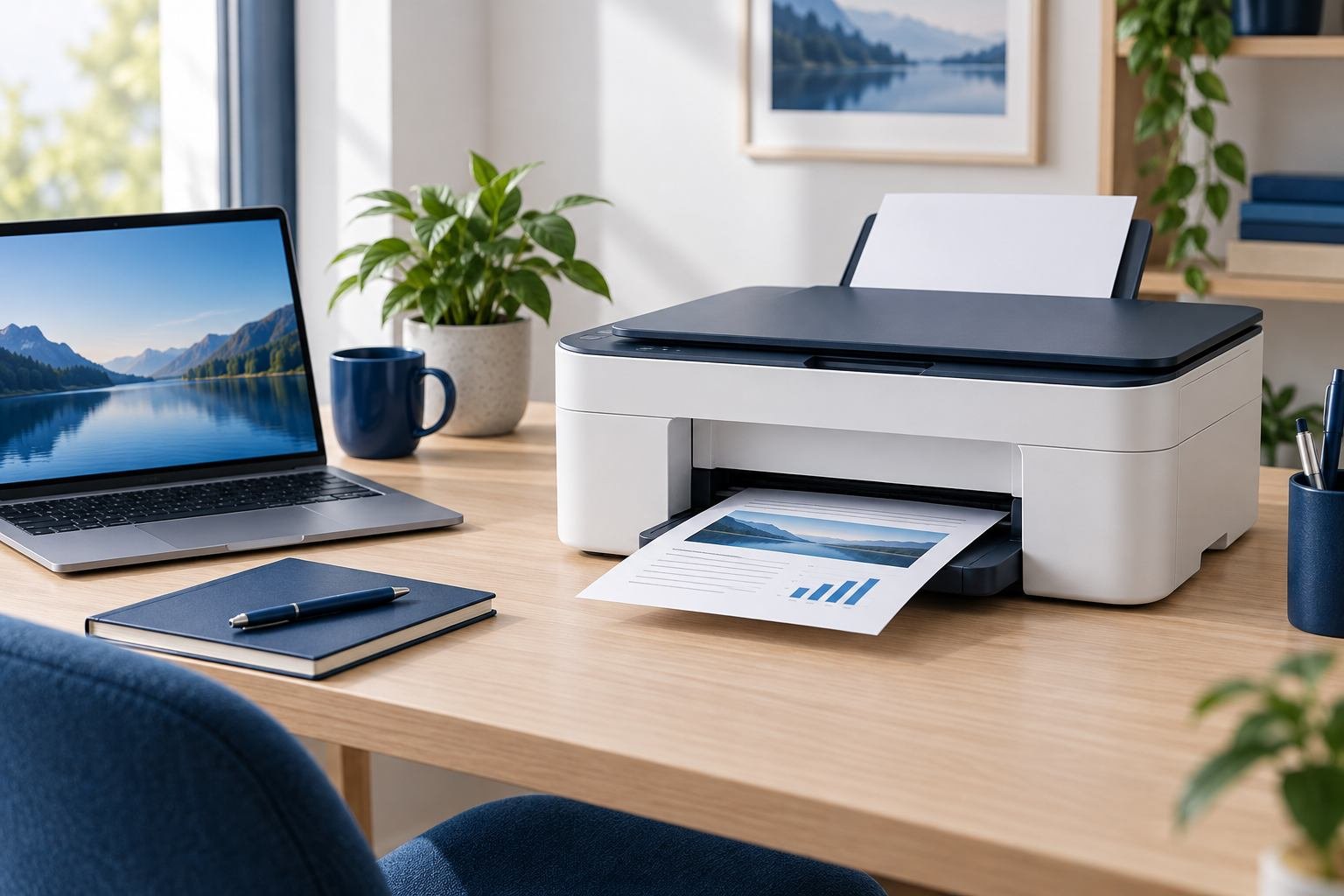 Impresora multifunción junto a una laptop en un escritorio.