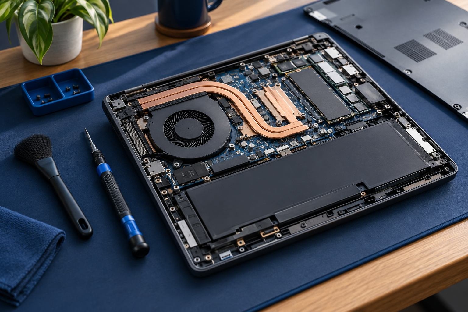 Laptop abierta con herramientas para mantenimiento.