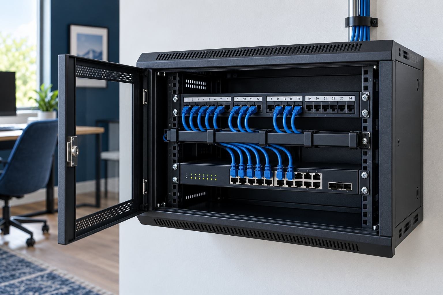 Switch y panel de conexiones montados en un gabinete de red.